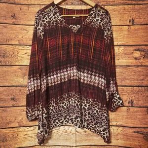 NY Collection Mixed Print V-Neck RollTab Tunic Top